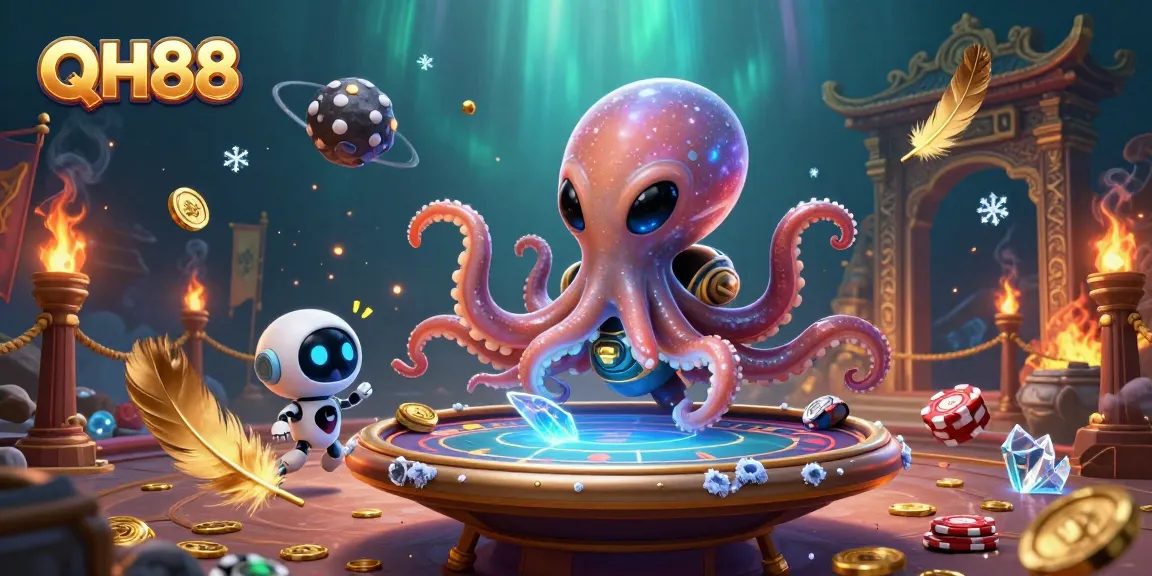 Experience thrill and rewards with QH88 in this vibrant, immersive gambling scene featuring a colorful alien octopus.