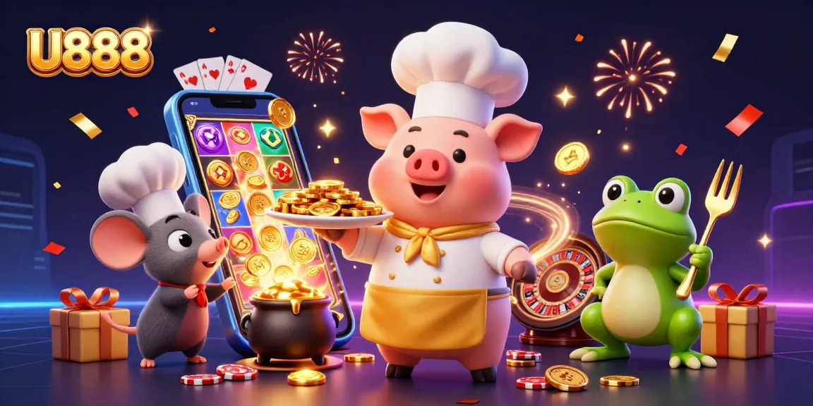 Experience winning at U888 with a chef pig serving gold coins, amidst vibrant casino elements.