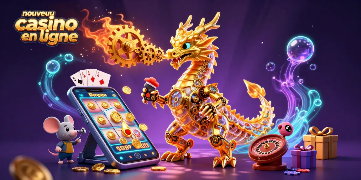Visuel captivant de "nouveau casino en ligne" avec le dragon doré et des éléments de jeu incontournables.