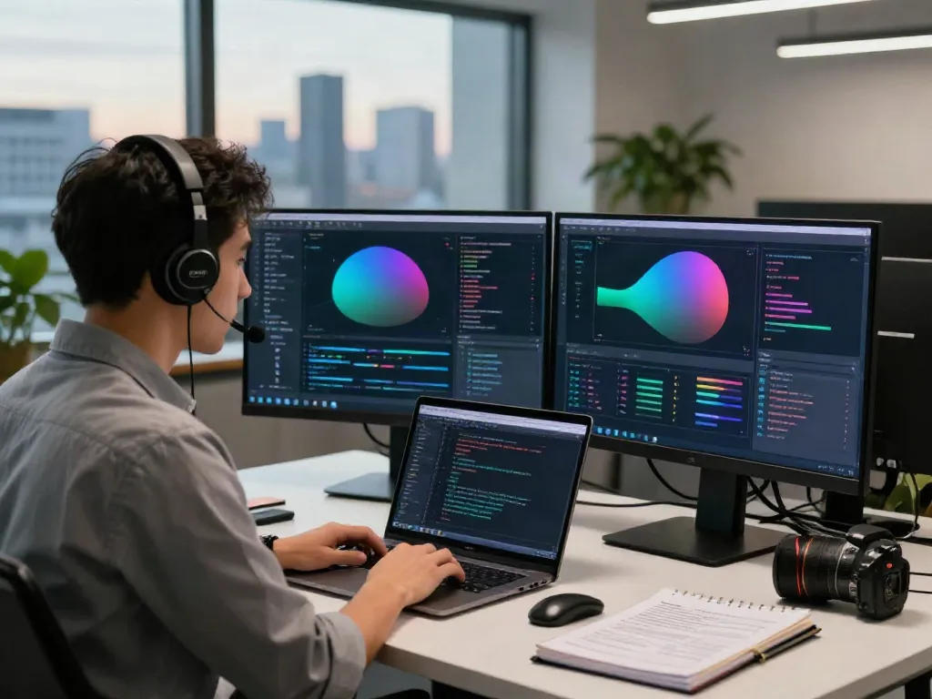 Tech workspace showcasing AI inference analysis with dual monitors and coding setup.