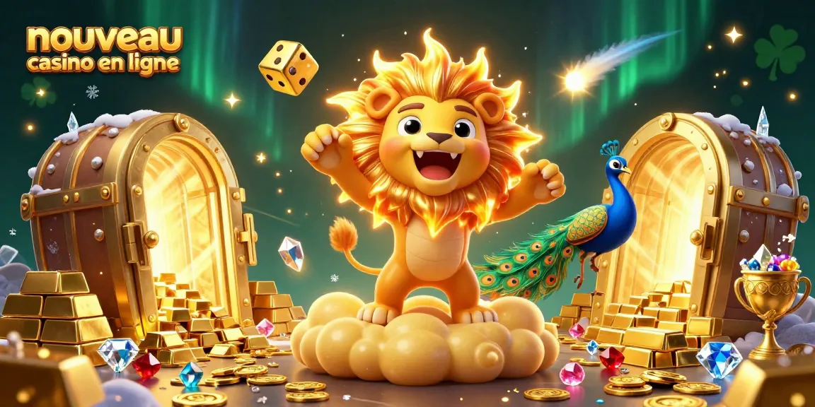 Plongez dans l'excitation du nouveau casino en ligne avec un lion devant une porte de coffre dorée.