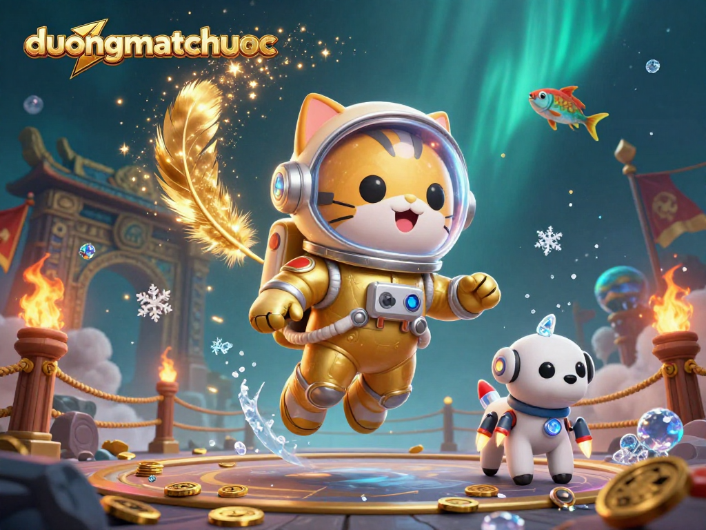 Play duongmatchuoc with floating cat astronaut and robot dog in a cosmic casino atmosphere.