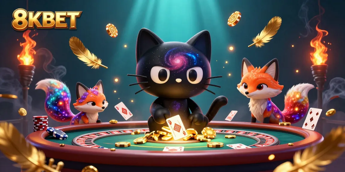 Engage in thrilling games at 8KBET with a cosmic scene featuring cartoon characters and casino elements.