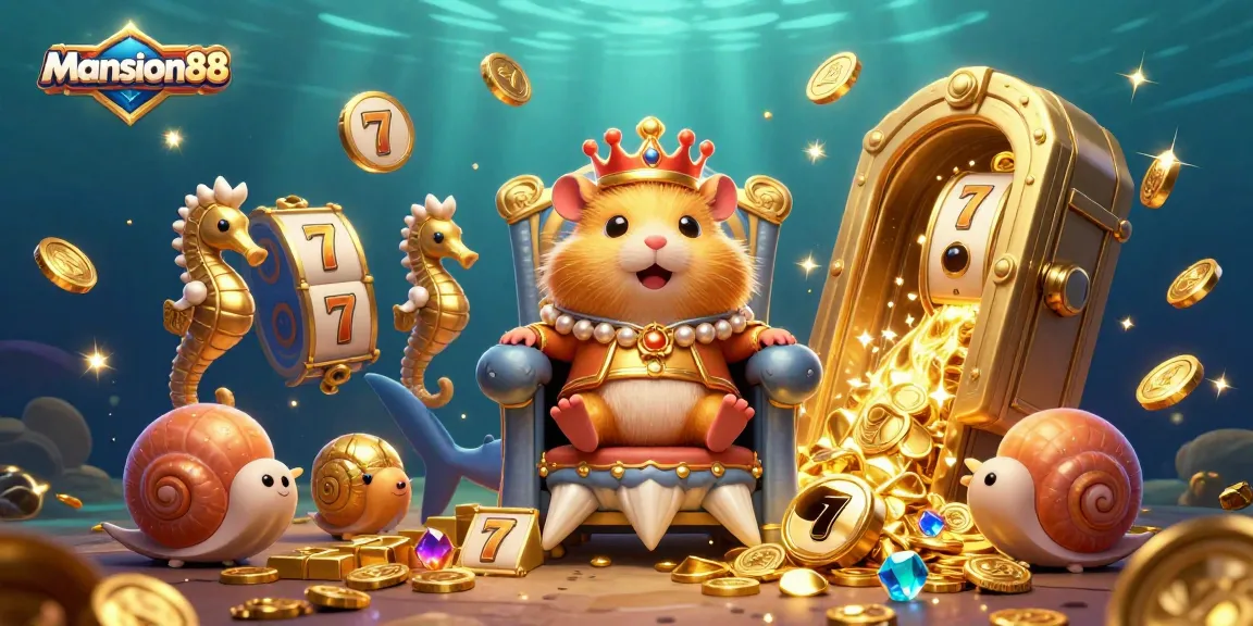 Mansion88 brings excitement with a tiny golden hamster king on a megalodon throne amidst dazzling treasures.