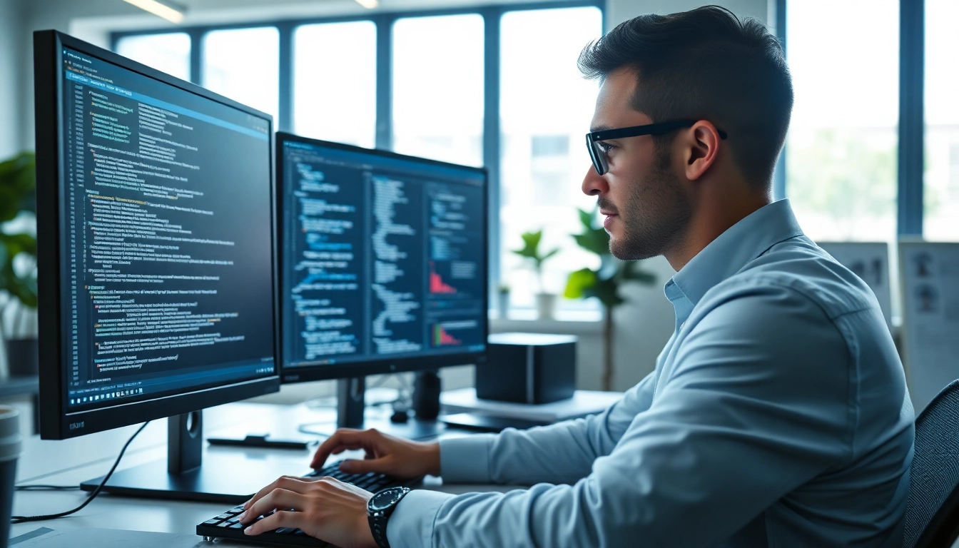 Illustration of headless Shopify development in action, showcasing a developer engaged in coding.