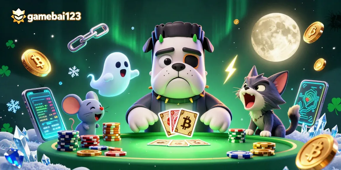 Experience gamebai123 with a virtual casino scene featuring cartoon characters, cards, and crypto elements.