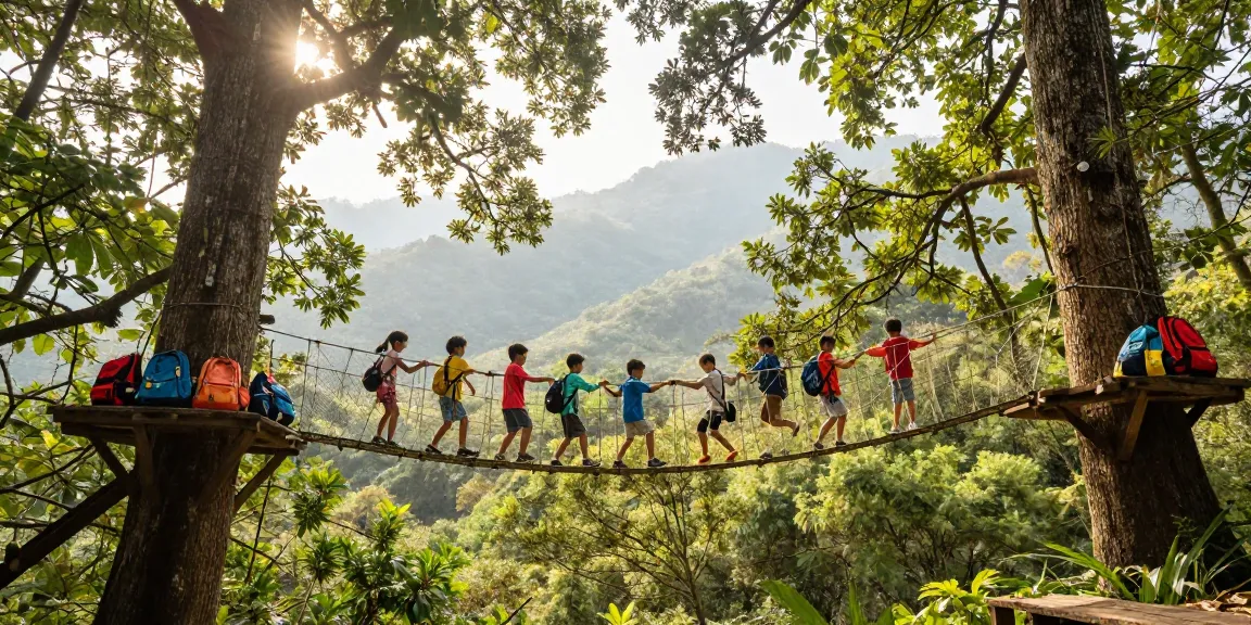 Rope Bridge design showcased in a scenic forest with children crossing joyfully.