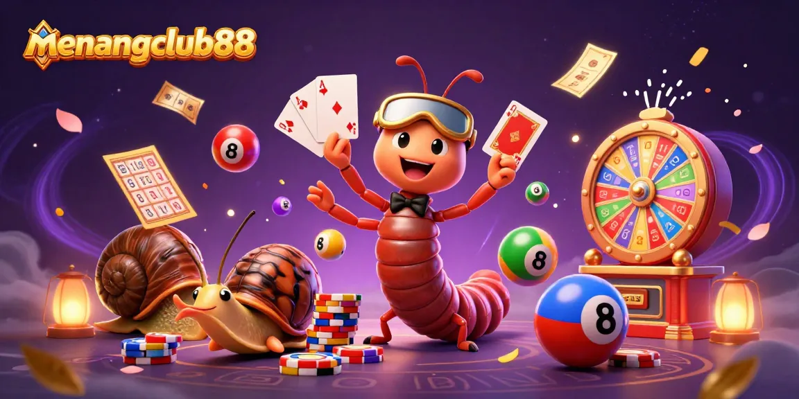Engage with menangclub88's vibrant gambling scene featuring a cartoon millipede dealer and colorful gaming elements.