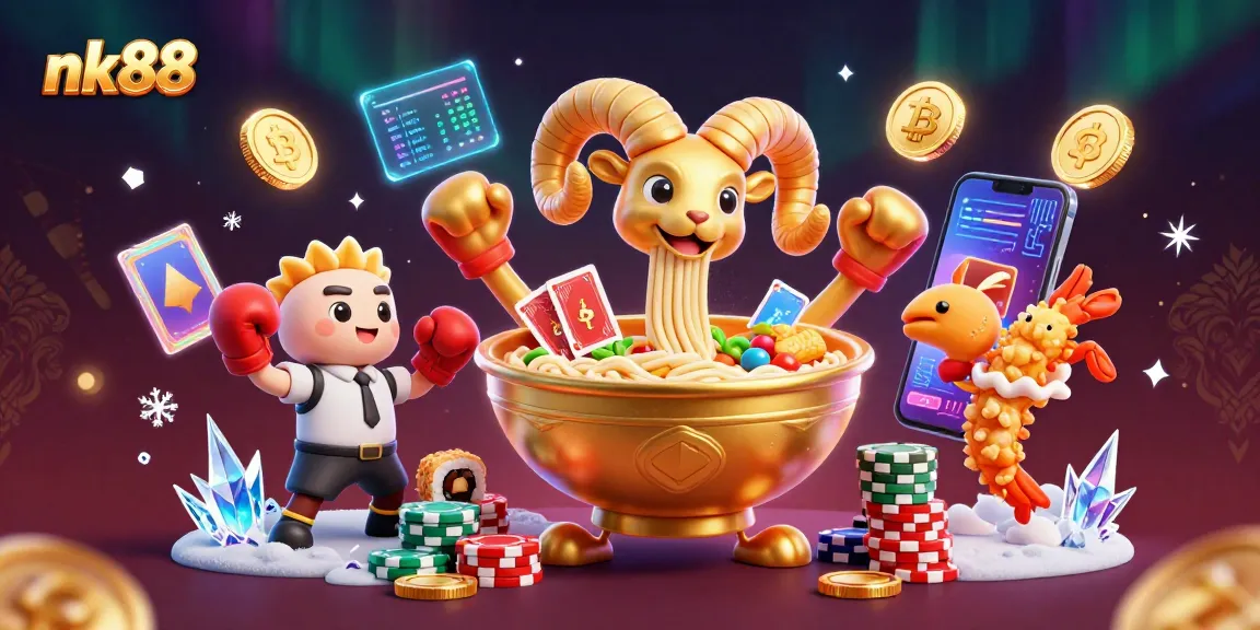 Engage with nk88's exciting casino games featuring a golden ramen bowl dealer and vibrant decor.