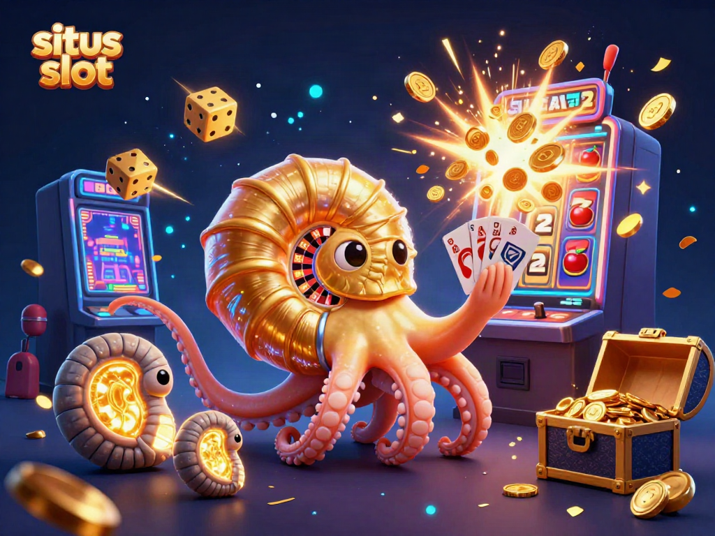 Experience excitement with situs slot, showcasing a nautilus roulette wheel surrounded by bursting slot machine elements.