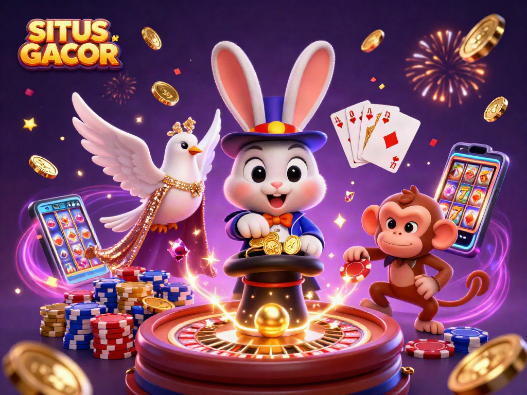 SITUS GACOR brings vibrant casino adventures with animated magician rabbit, dove, and monkey amidst golden coins and poker chips