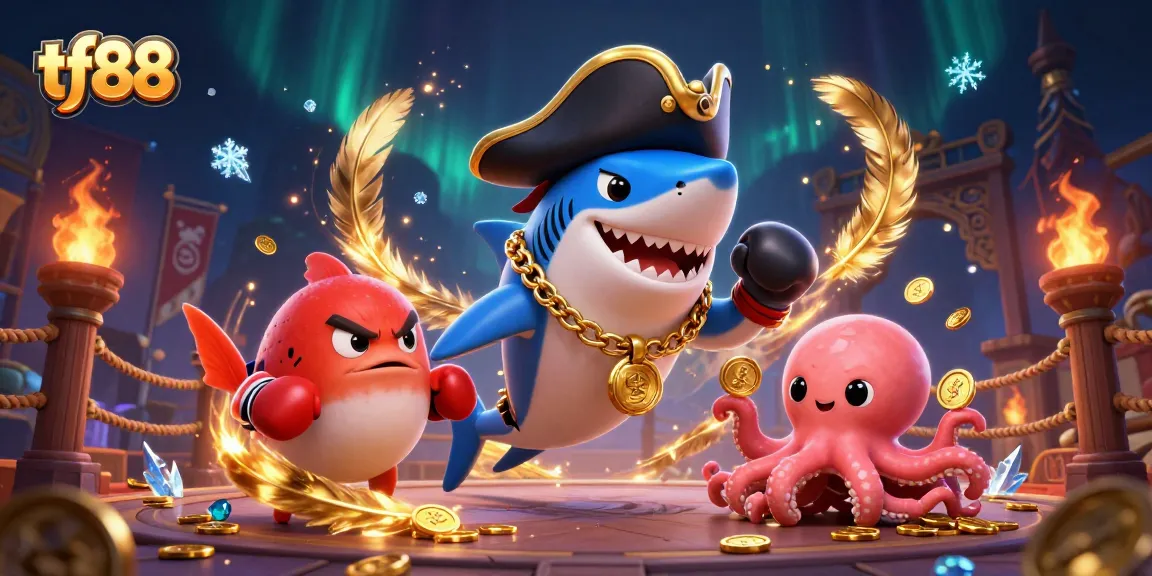 Engage with tf88’s vibrant gaming scene featuring a shark, pufferfish, and octopus celebrating wins.