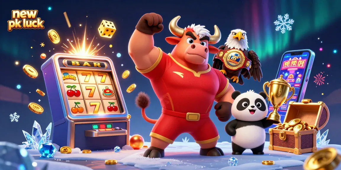 Spin to win with new pk luck as a victorious bull mascot and his friends celebrate a jackpot!