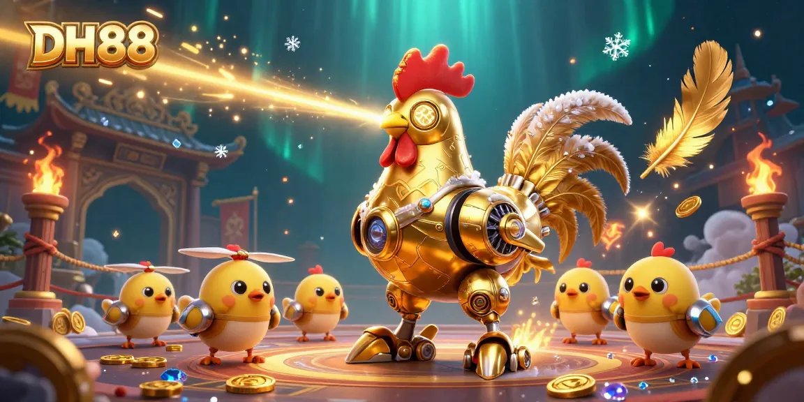 Join the vibrant DH88 casino world with a golden rooster robot leading baby chick drones, experiencing dynamic betting excitement.