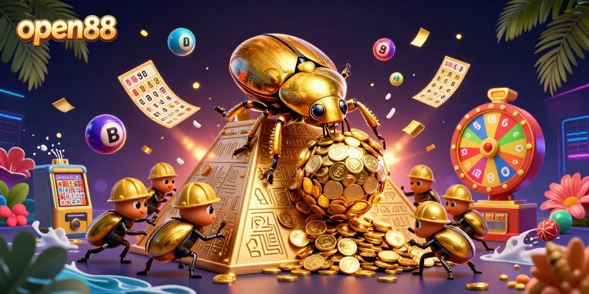 Experience exciting jackpots at open88 with a massive golden dung beetle rolling coins amidst vibrant gaming elements.
