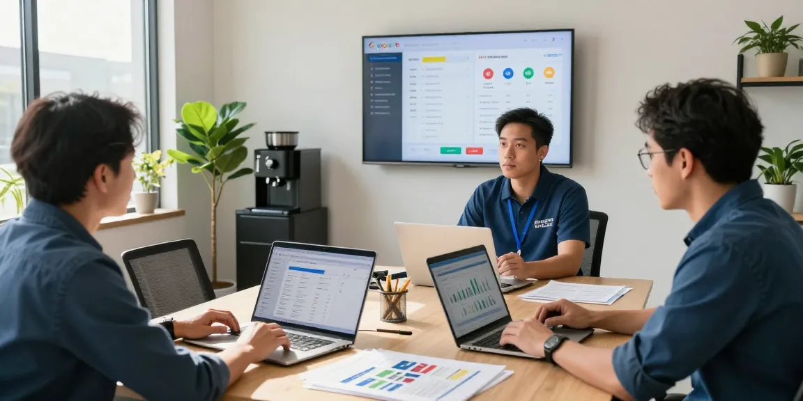 Operators collaborating in an office space, focusing on Local SEO for contractors with metrics and analytics.