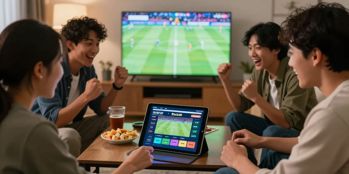 Bola88 friends engaging in a lively sports betting experience on a modern tablet in a cozy setting.