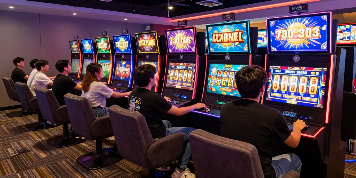 Players enjoying situs slot gacor in a vibrant online gaming lounge with colorful slot machines.