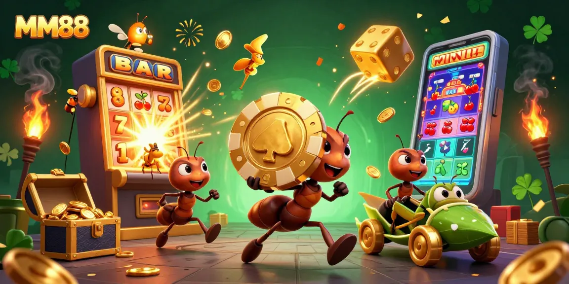 MM88 showcases a heist of ants with gold poker chips in a vibrant casino scene