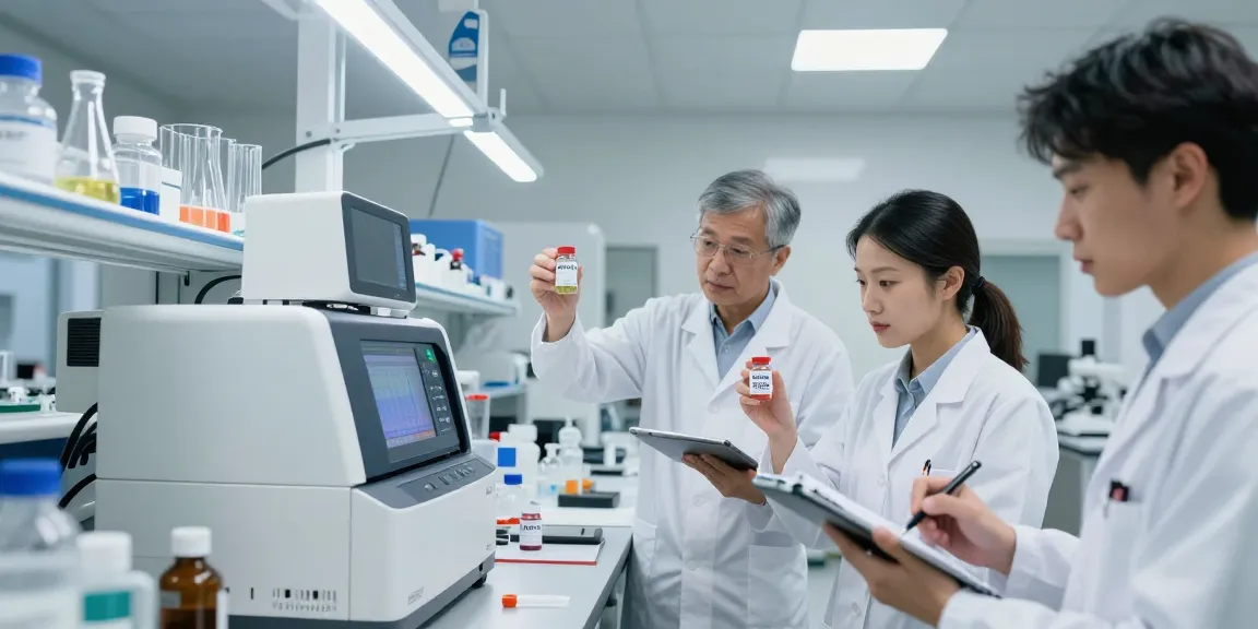 Scientists verifying BPC-157 in Klow Peptide Stack during laboratory research, showcasing advanced analytical techniques.
