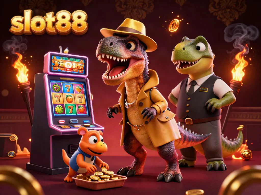 Vibrant scene featuring a velociraptor at a slot machine amidst colorful gaming elements, showcasing excitement of slot88.