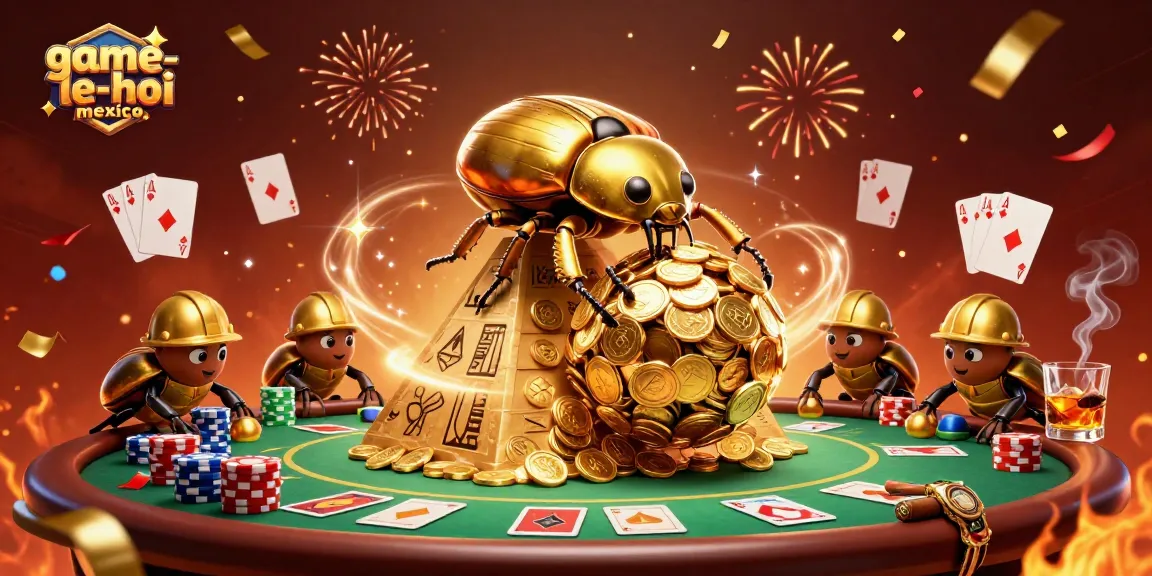 Experience the vibrant action of game-le-hoi-mexico with golden beetles and casino symbols in a dynamic scene.