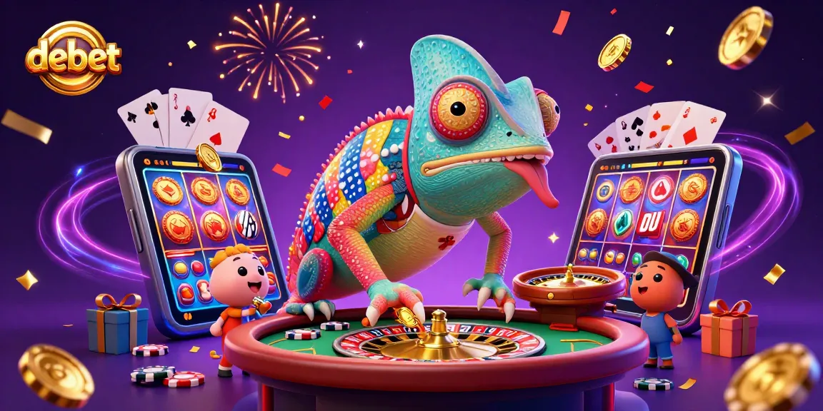 debet casino owner chameleon captures coins while showcasing lively slot game action and festive atmosphere
