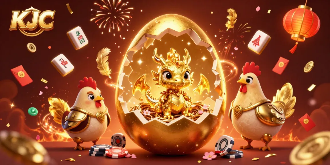 KJC players celebrate as a sparkling golden dragon emerges from a nest of poker chips and coins.