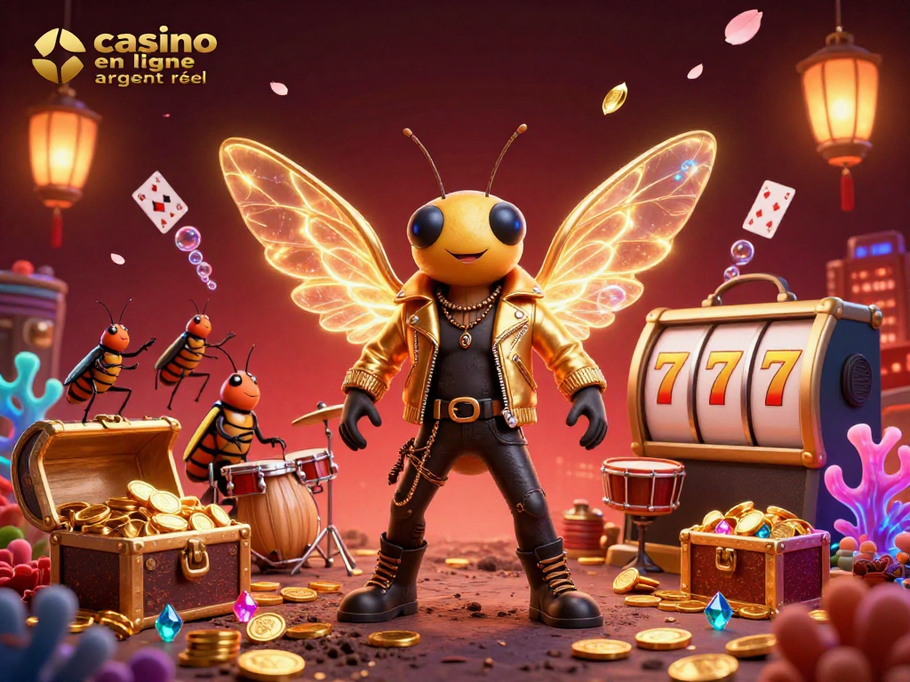 Jouez à casino en ligne argent réel avec des machines à sous et un insecte rock star dans une scène dynamique.