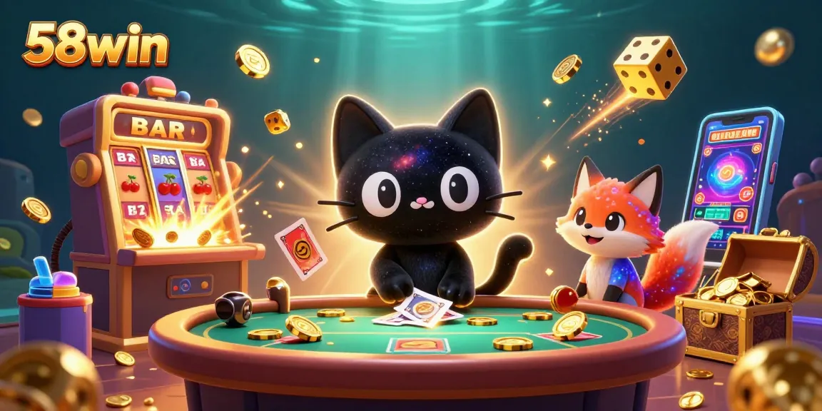 Experience casino excitement with 58win, where a cosmic cat and nebula fox surround a colorful gaming scene.