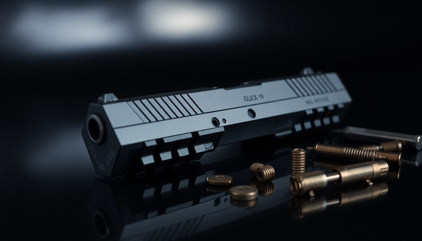 Showcasing premium glock 19 slides with detailed features and accessories for firearm enthusiasts.