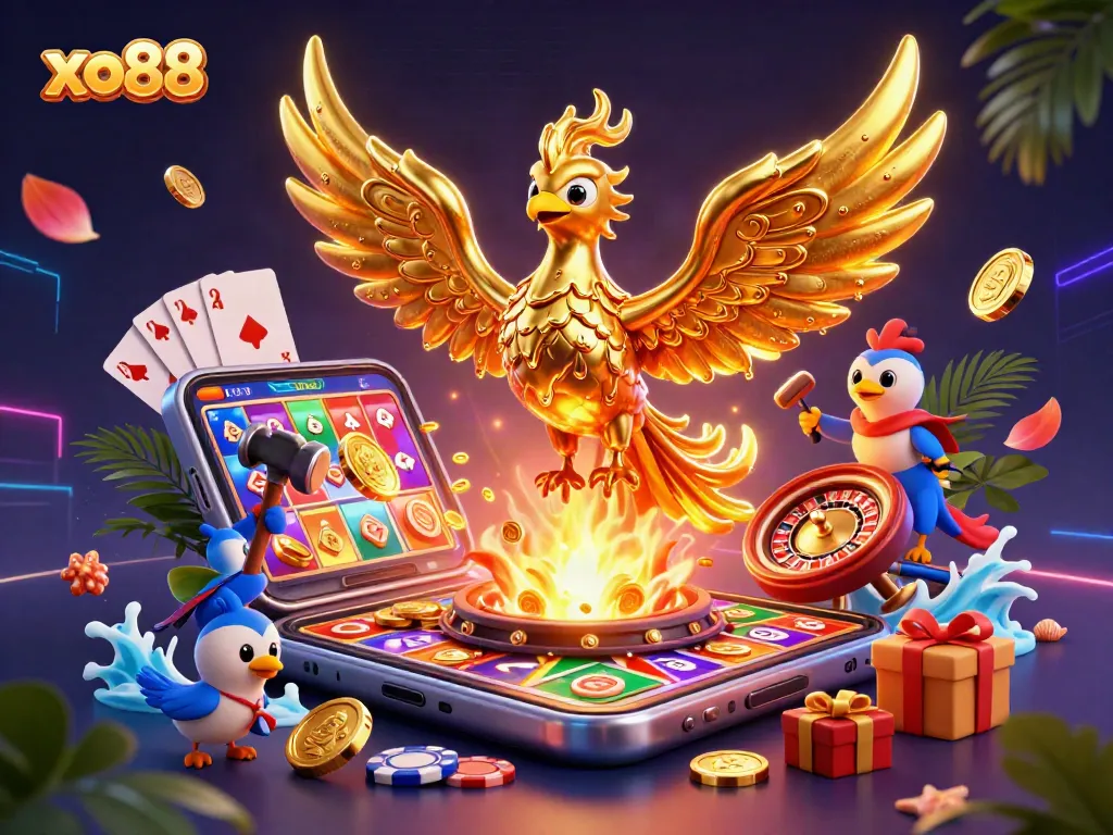 Xo88's online betting showcase featuring a golden phoenix, slot games, and dynamic casino elements.