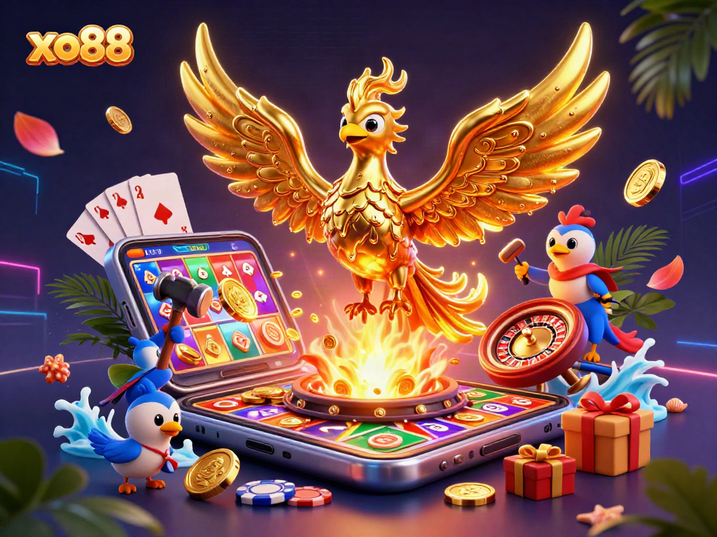 Xo88's online betting showcase featuring a golden phoenix, slot games, and dynamic casino elements.