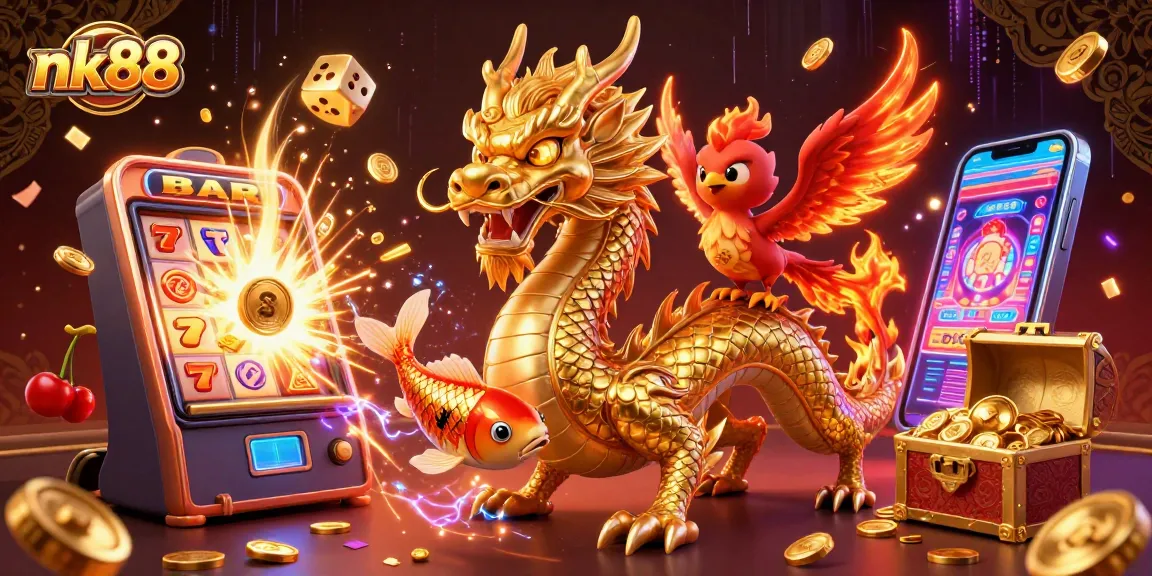 nk88 captures the excitement of gaming with a dynamic dragon, phoenix, and koi illustration amidst a jackpot scene
