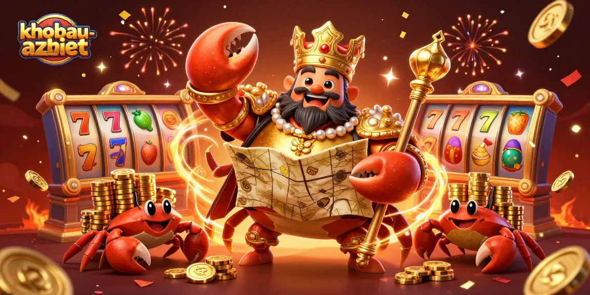 Experience khobau-aztec with a golden crab emperor, treasure map, and vibrant slot elements in a festive casino scene.