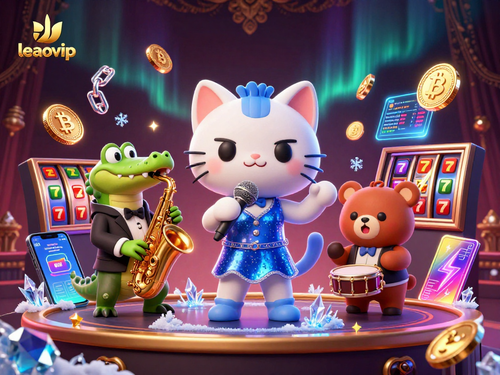 Experience thrilling gameplay with leaovip featuring a jazz-singer cat, saxophone crocodile, and drum-playing bear in a lively casino.