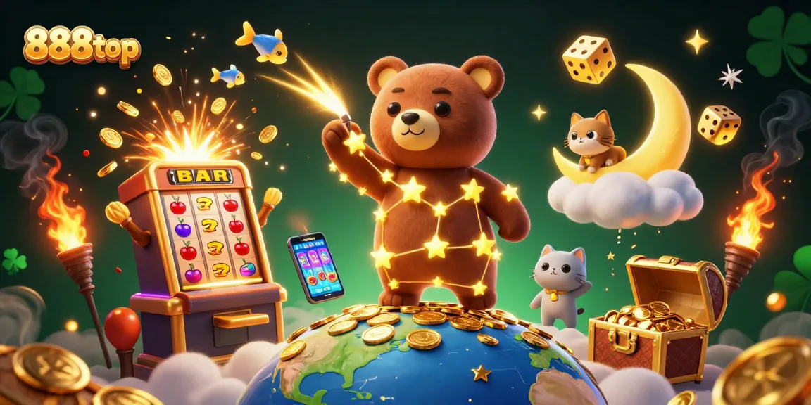 Experience the thrill of winning at 888top with a constellation bear collecting coins amidst an exciting casino landscape.