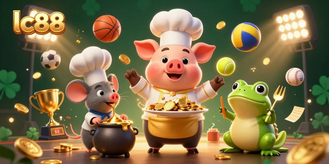 Experience the excitement of lc88 with a themed 3D scene featuring a pig chef and sports elements.
