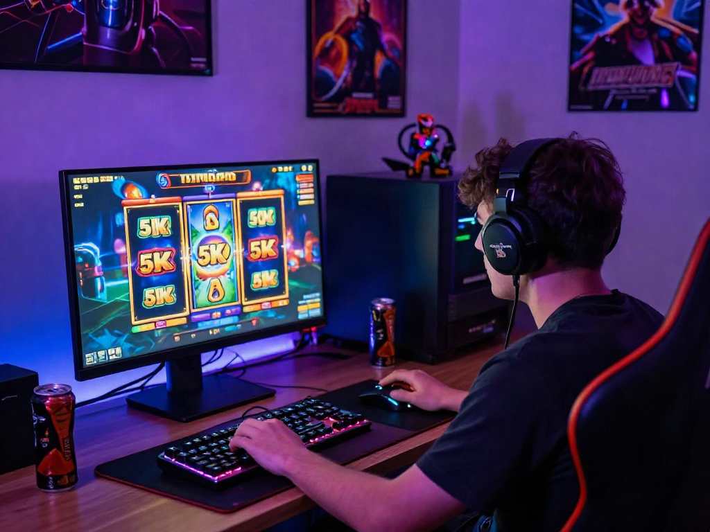 Player enjoying a slot depo 5k game, intense focus, vibrant gaming setup, energized atmosphere.