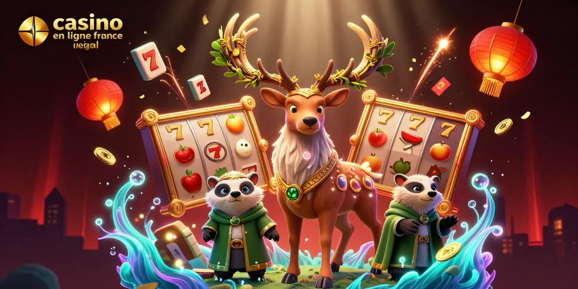 Jouez sur un casino en ligne France légal avec une illustration captivante d'un cerf druide et un blaireau au milieu de symboles de jeux.