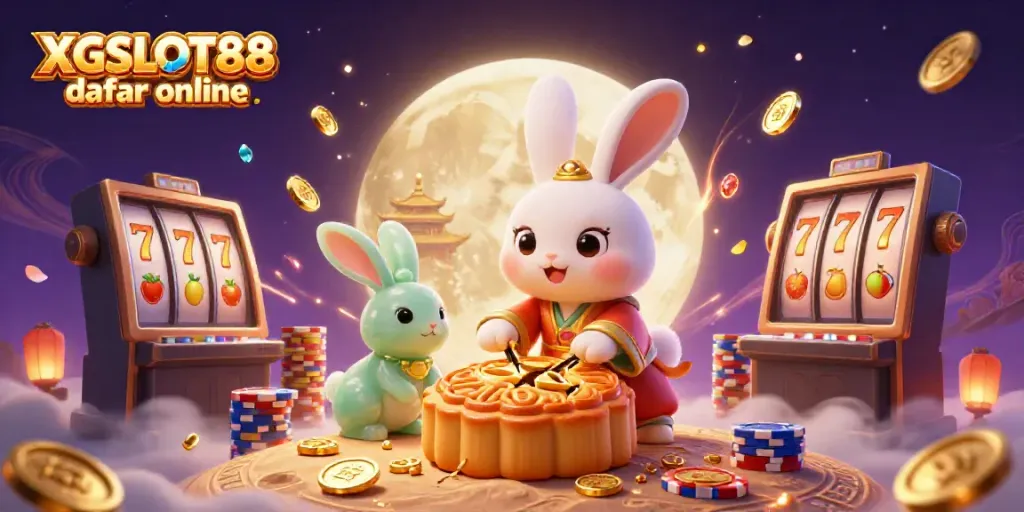 Meriahkan pengalaman bermain XGSLOT88 daftar online dengan gambar ilustratif penuh warna dari kelinci bulan yang memproduksi koin dan simbol buah.