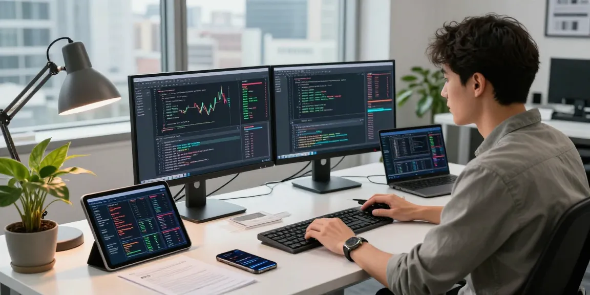 Engaged developer utilizing multi-currency pair API in a modern office with forex data displays.