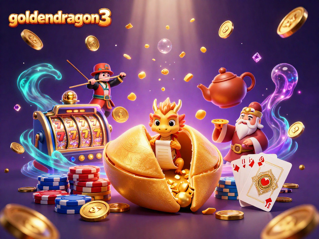 Experience the thrill of goldendragon3 with a wise dragon and golden fortune surrounded by vibrant gaming elements.