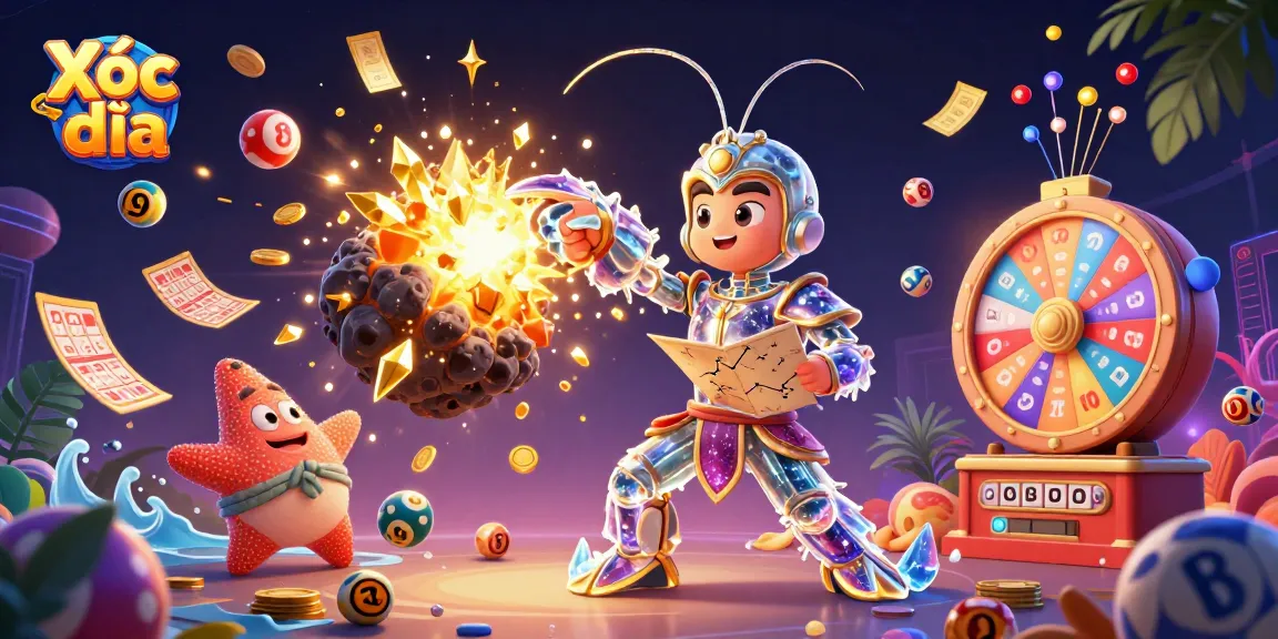 Xóc đĩa game illustration showing a galactic mantis shrimp and a starfish amidst colorful elements and prizes, emphasizing dynamic play.