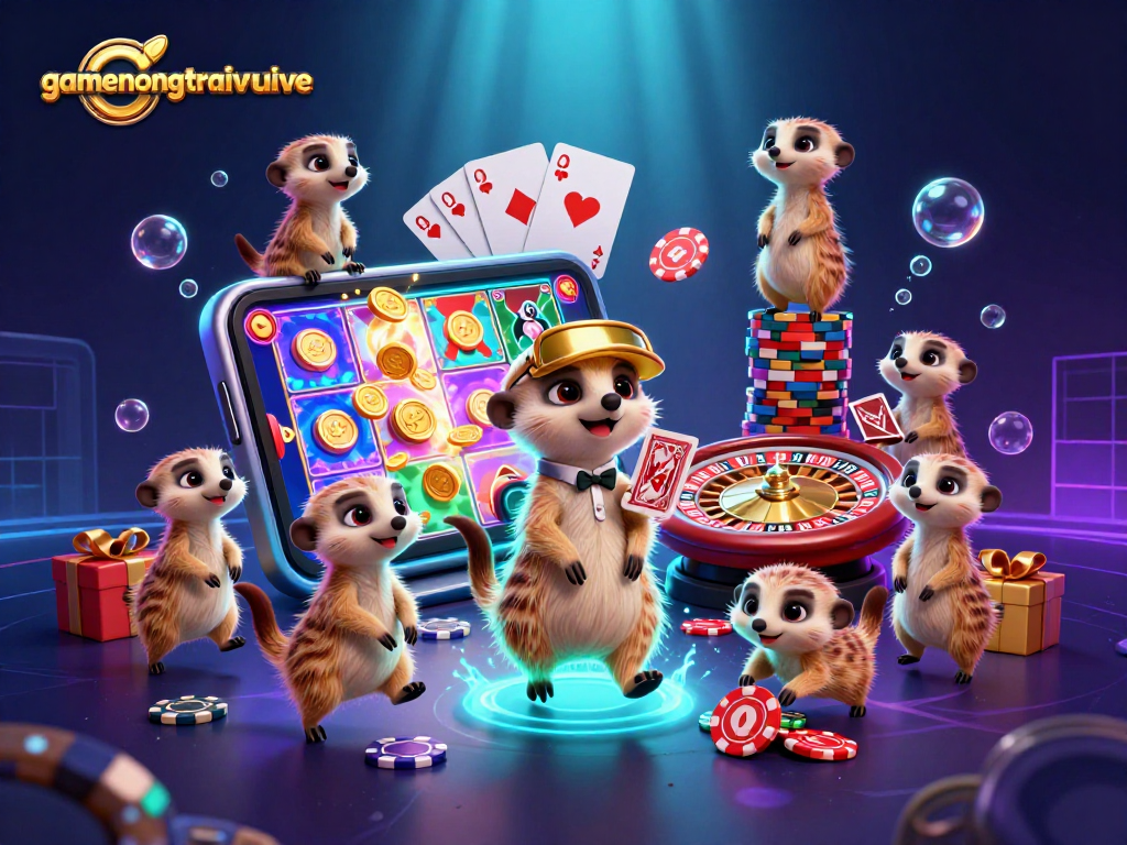 Engage in the exciting world of gamenongtraivuive with a lively 3D illustration of meerkats running a casino.