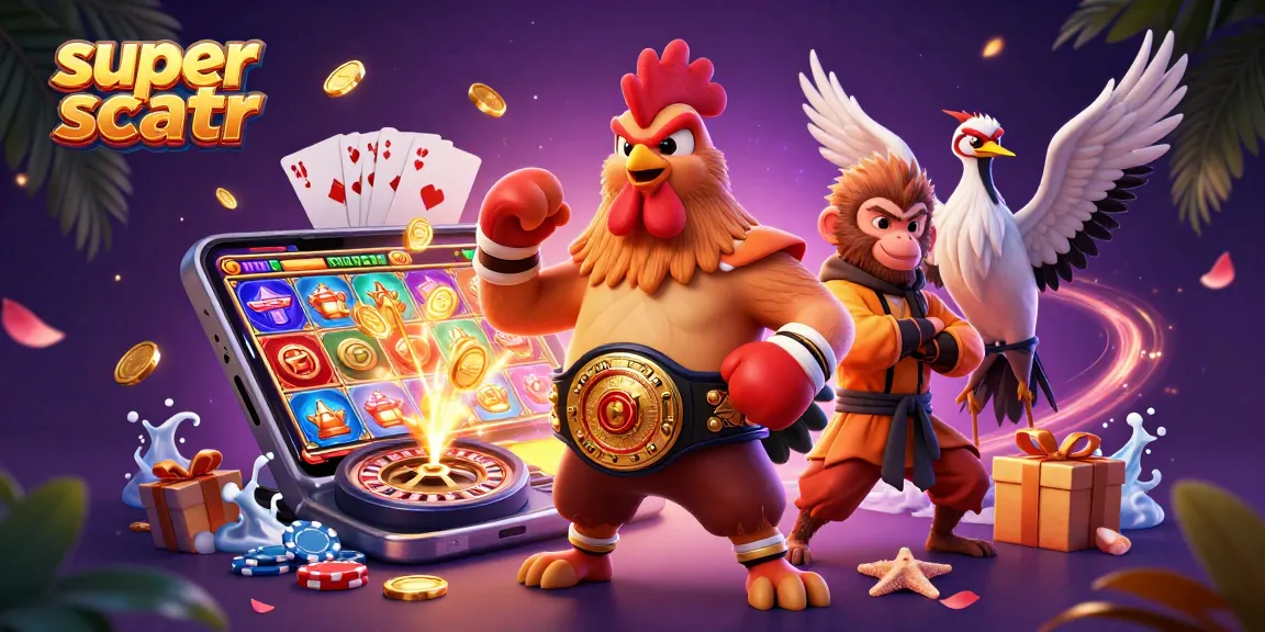 Experience super scatter excitement with a dynamic 3D scene featuring animated casino characters and games.