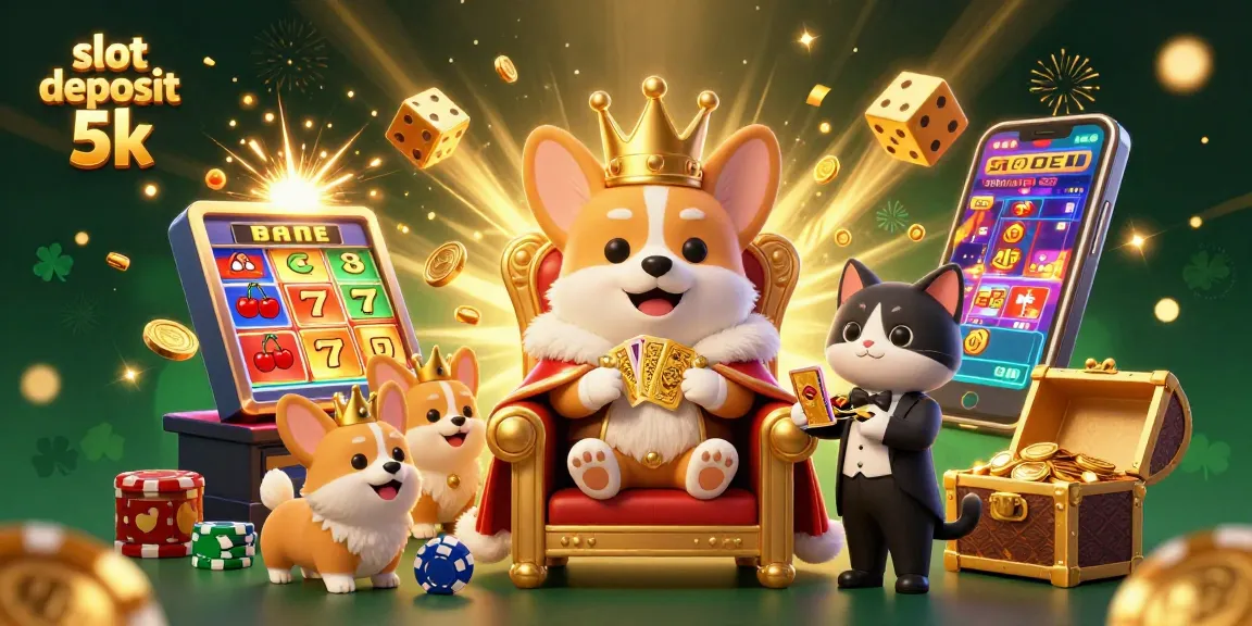Engage in exciting gameplay with slot deposit 5k, featuring a royal corgi in a vibrant casino scene.