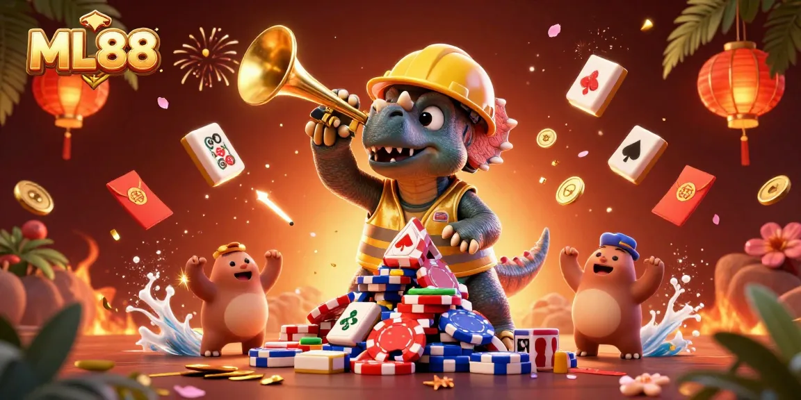 Cheerful ML88 casino scene with cartoon dinosaurs celebrating a poker chip pyramid.