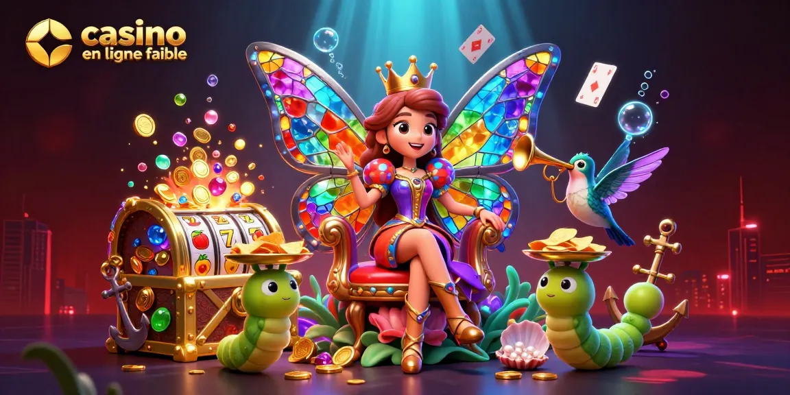 Illustration colorée d'une reine papillon dans un casino en ligne fiable, entourée de jeux et de richesses.