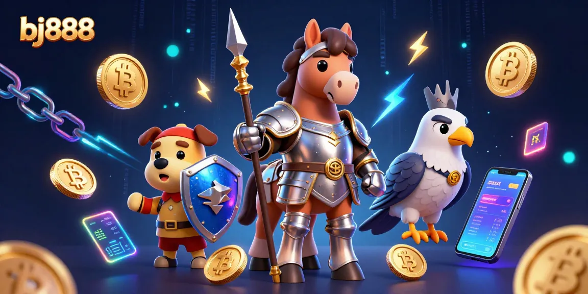 Engage in thrilling gameplay at bj888 featuring dynamic casino characters amidst glowing crypto elements.